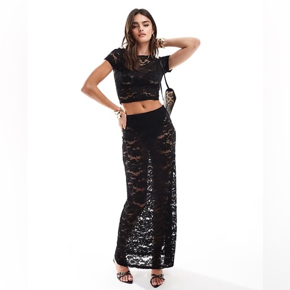 Vintage BEBE heavily beaded lace black skirt size 4 and top size 8 two piece set